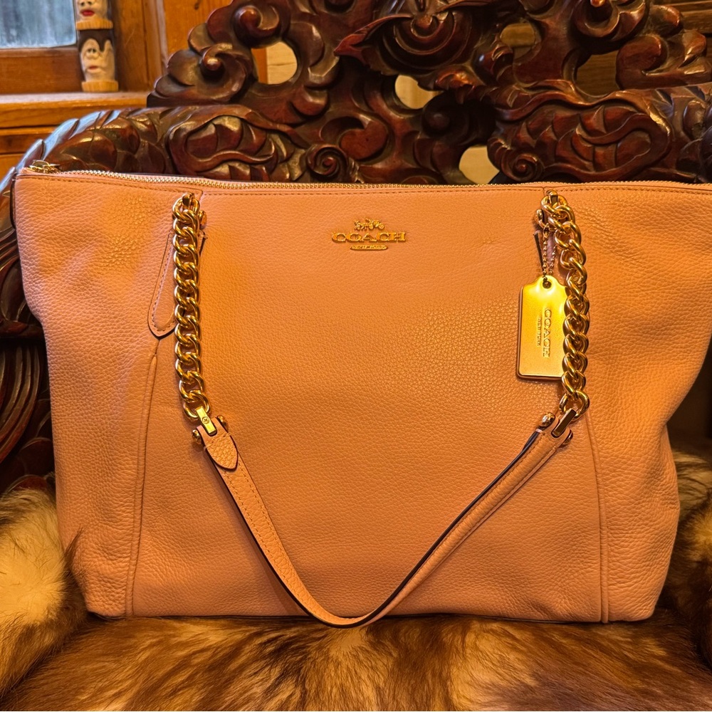 Coach Pink Pebbled Leather Tote with Gold Chain Straps